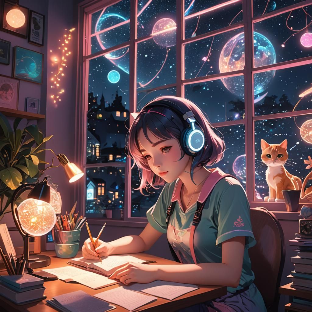 Lofi Girl Studying at Night in 3D Anime Art