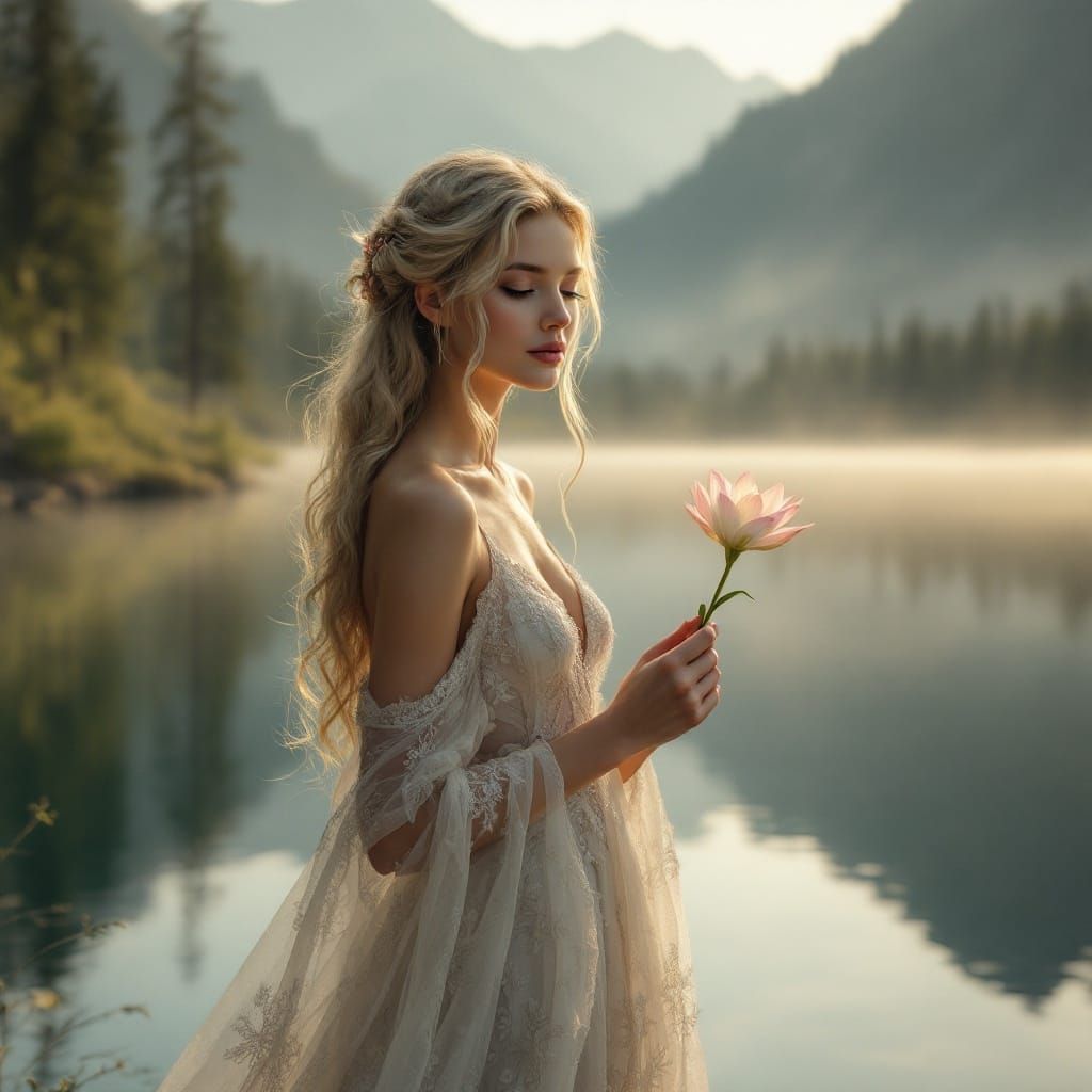 Serene Morning Beauty Beside Tranquil Lake in Ethereal Light