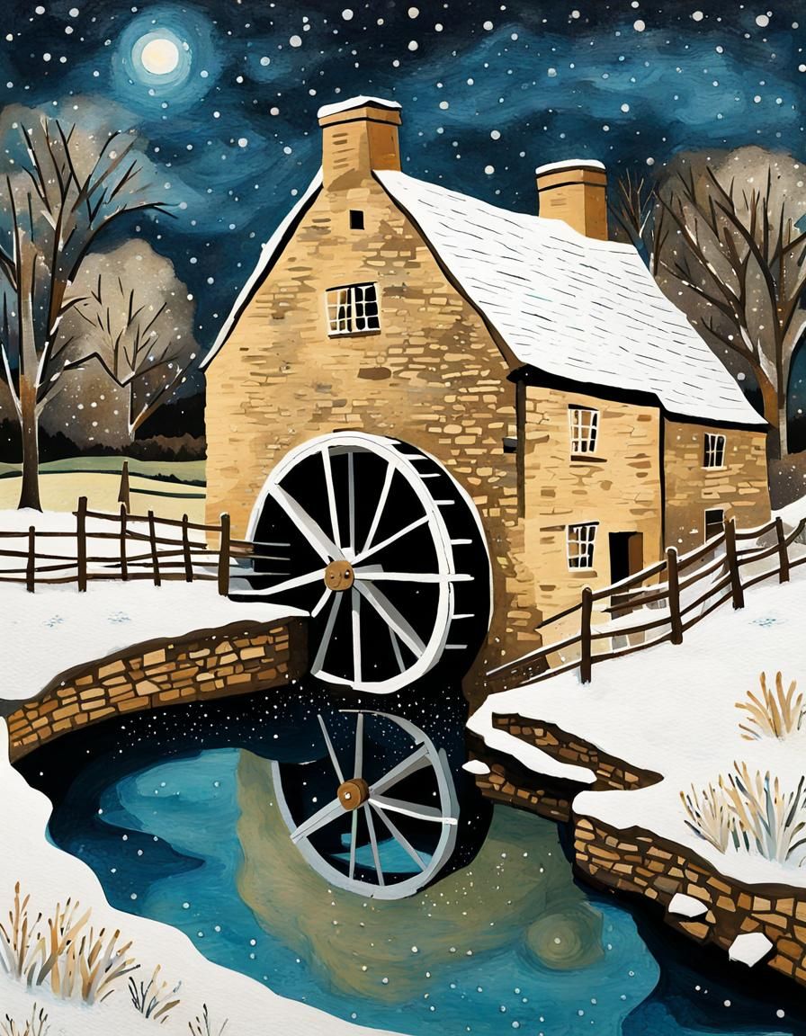 Cotswolds Water Mill Winter Scene in Collage