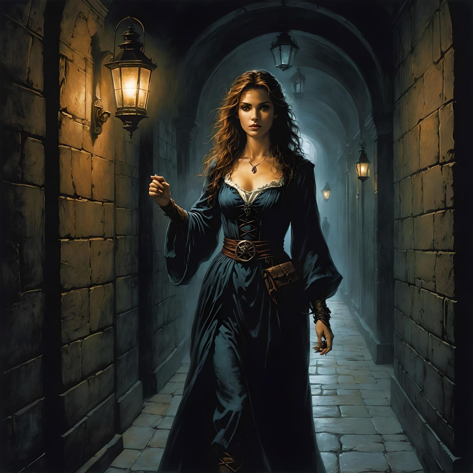 Adventuress in Dark Corridor Comic Book Illustration
