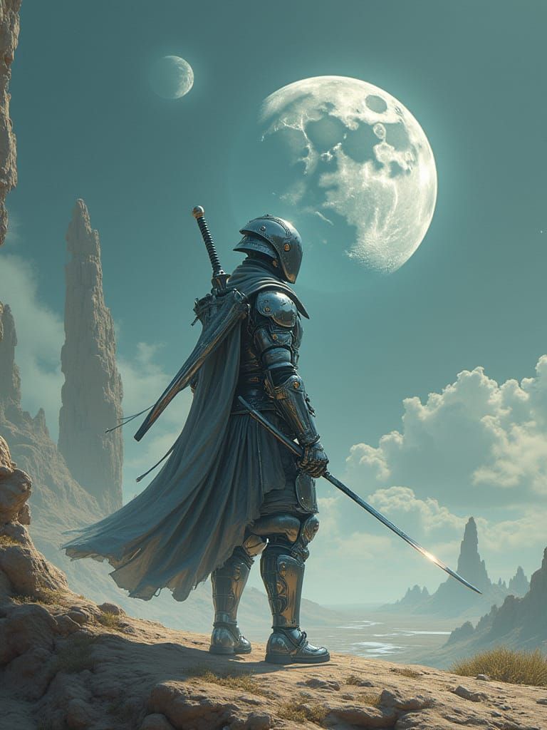 Cyborg Samurai on Barren Planet in Digital Art Style