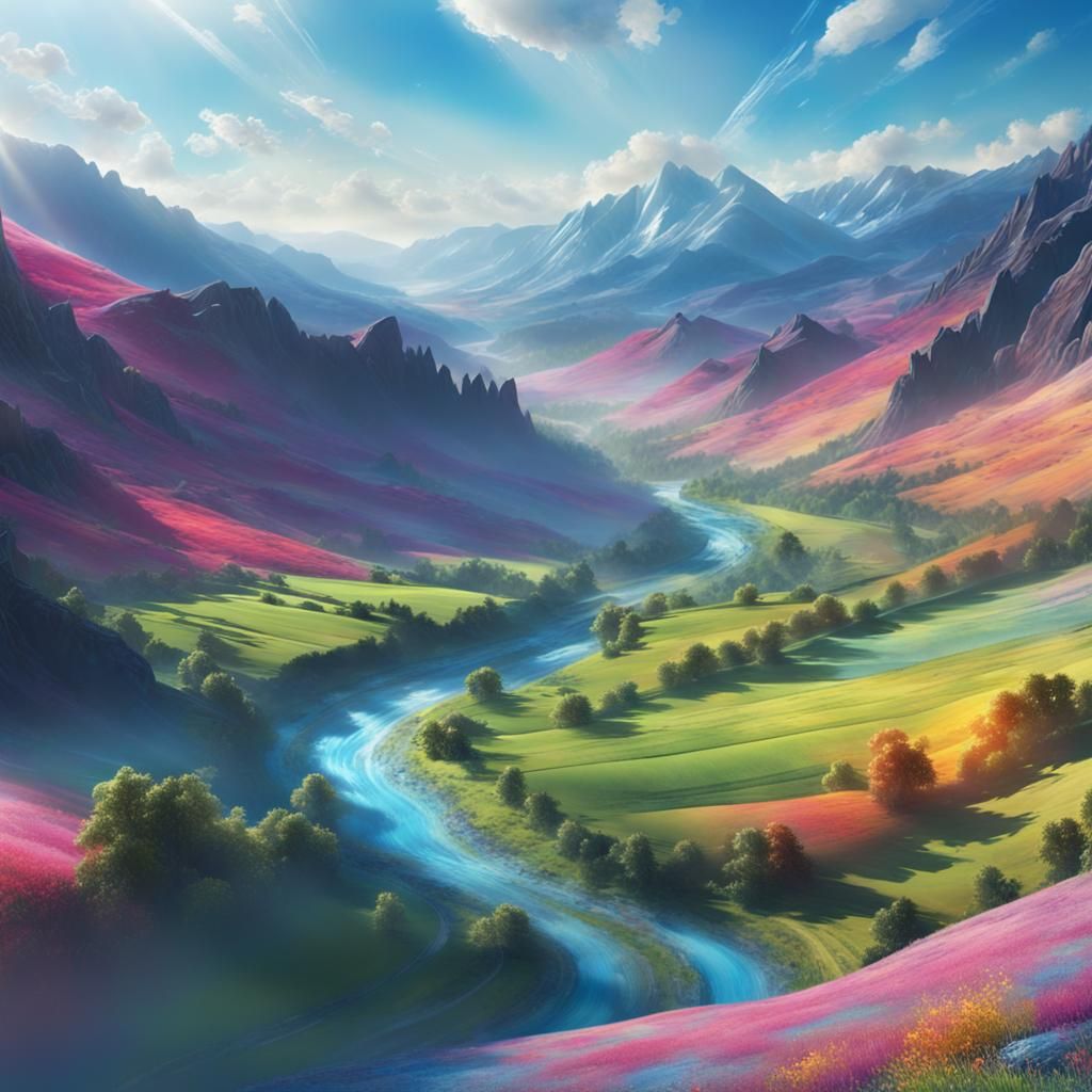Dreamy Valley Landscape in Splash Art Style