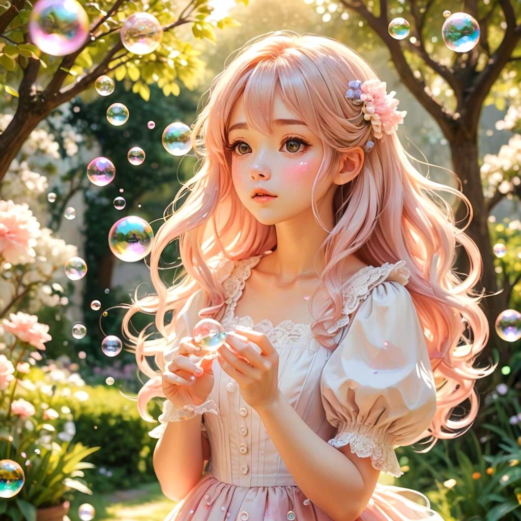 Cute Anime Girl Blowing Soap Bubbles