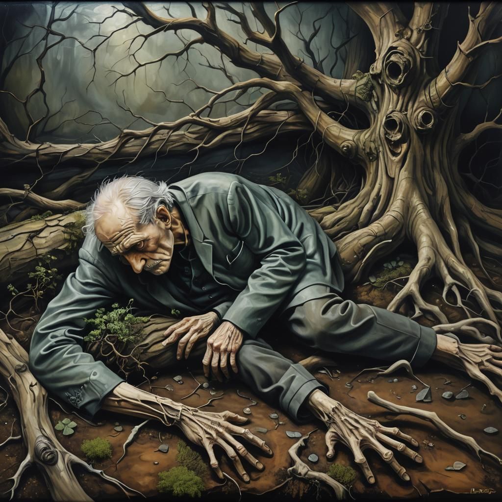 Surreal Dying Man in Victorian Vivarium