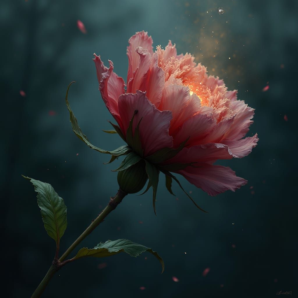 Ethereal Wilted Flower Drifting on Dark Romantic Breeze