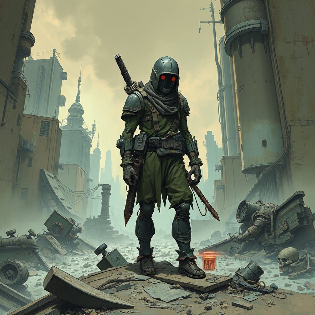 Dystopian Cyborg Scavenger in Gritty Cyberpunk Style