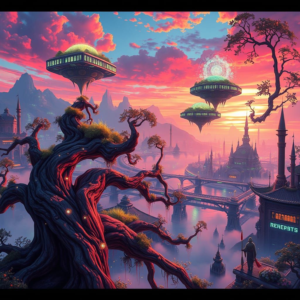 Surreal Futuristic Metropolis Unfolds at Dusk