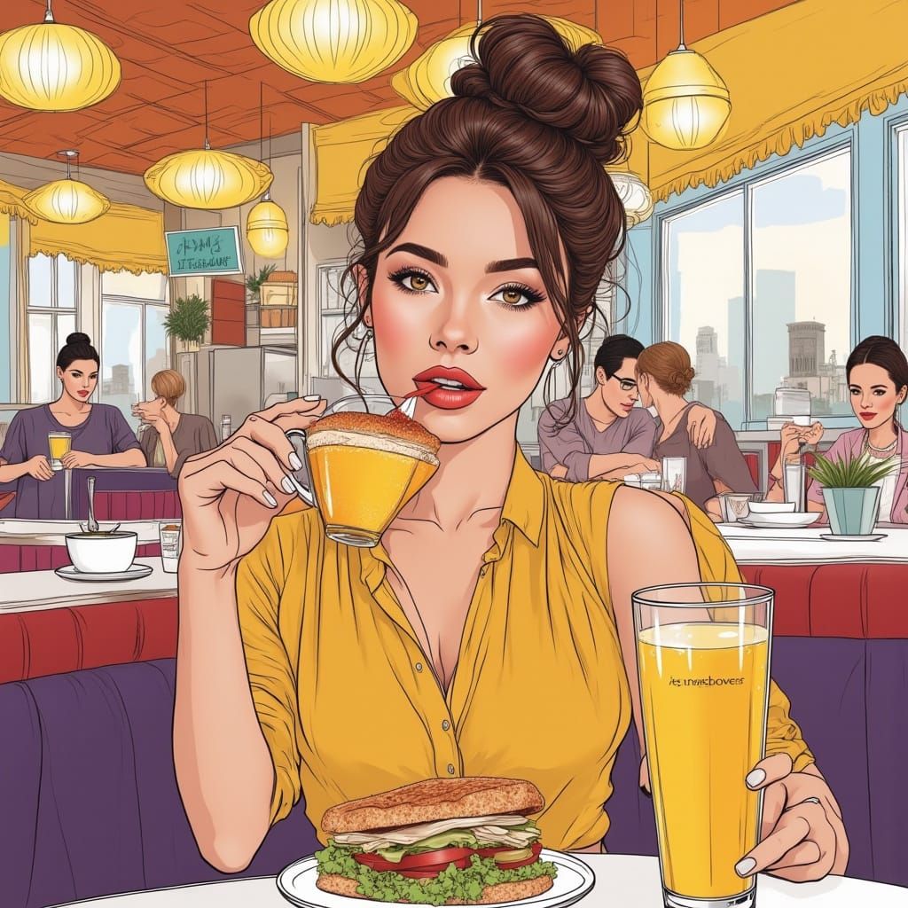 Boho Woman Enjoys Diner Meal in Nostalgic Setting