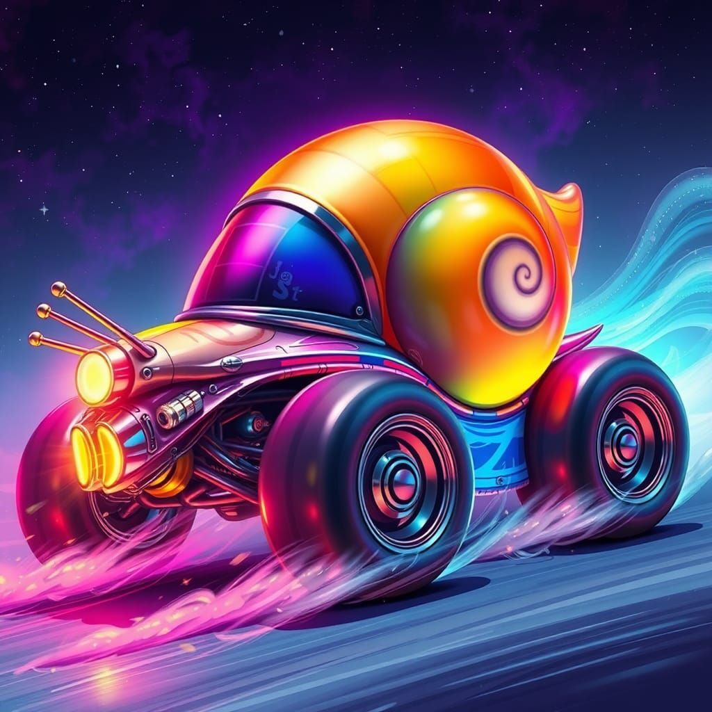 Futuristic Snail-Car: A Surreal Rainbow Vehicle
