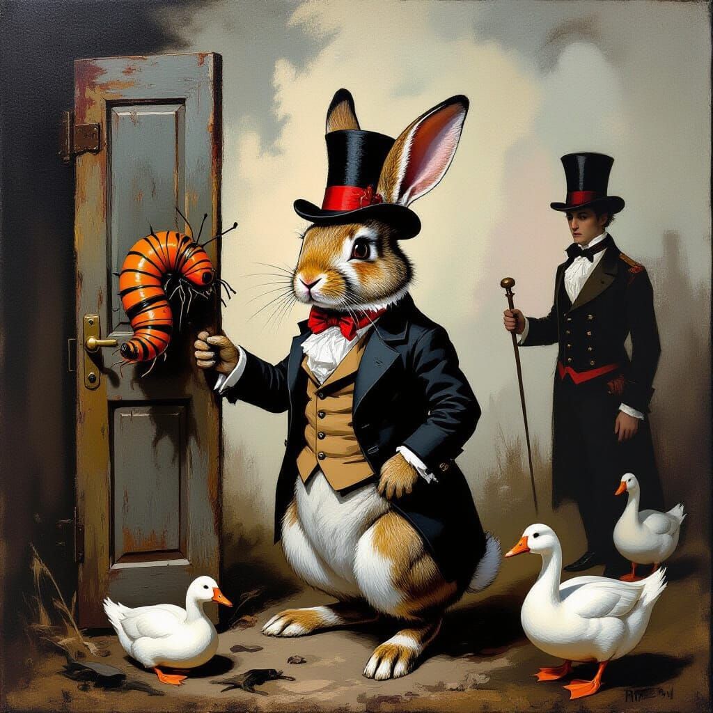 Surreal Rabbit in Goya-Modigliani Style Scene