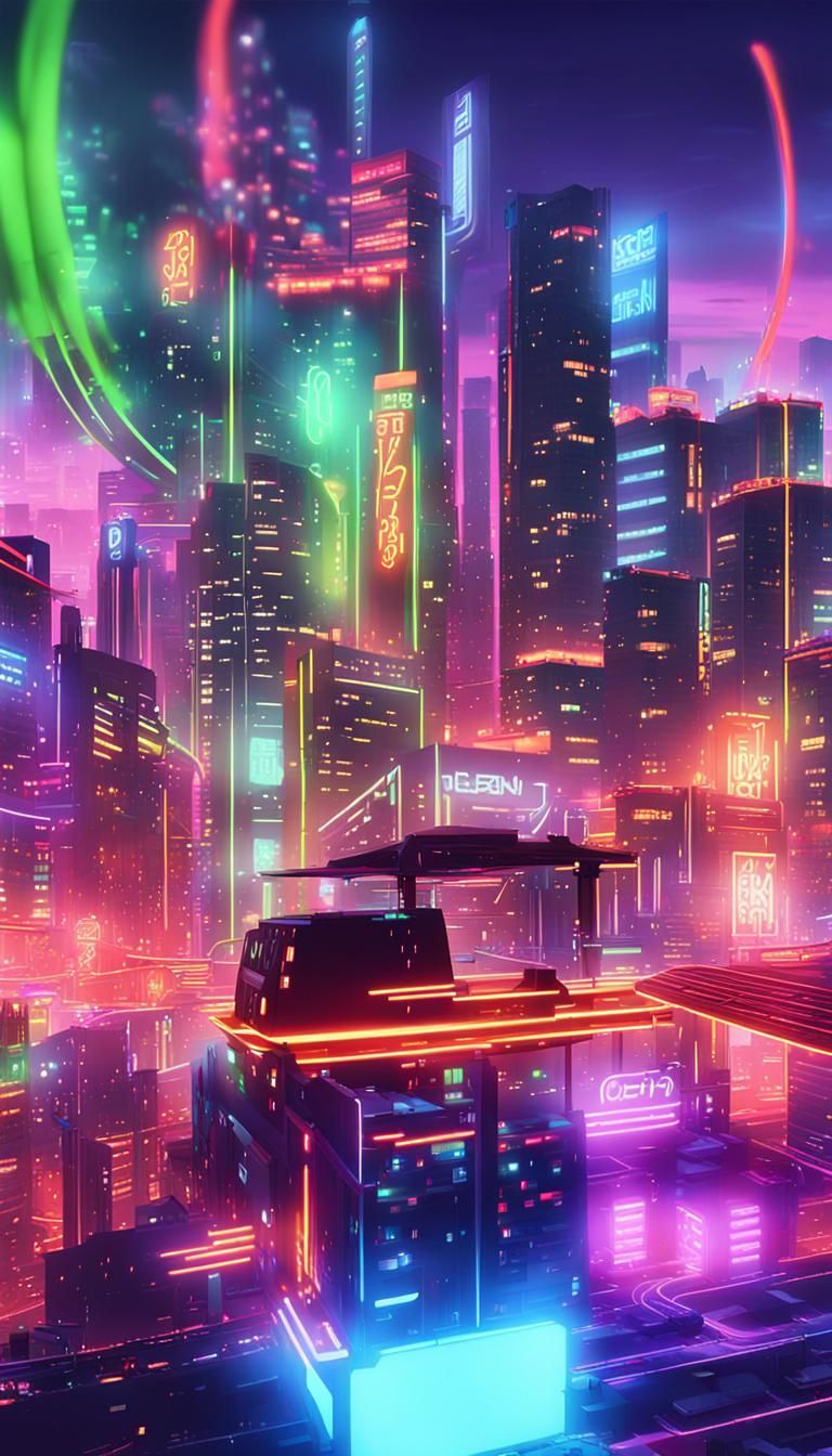 Neon-Lit Anime Cityscape with Flying Cars