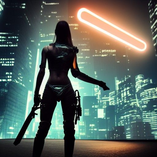 Cyberpunk Female Warrior Sword Battle in Dystopian City