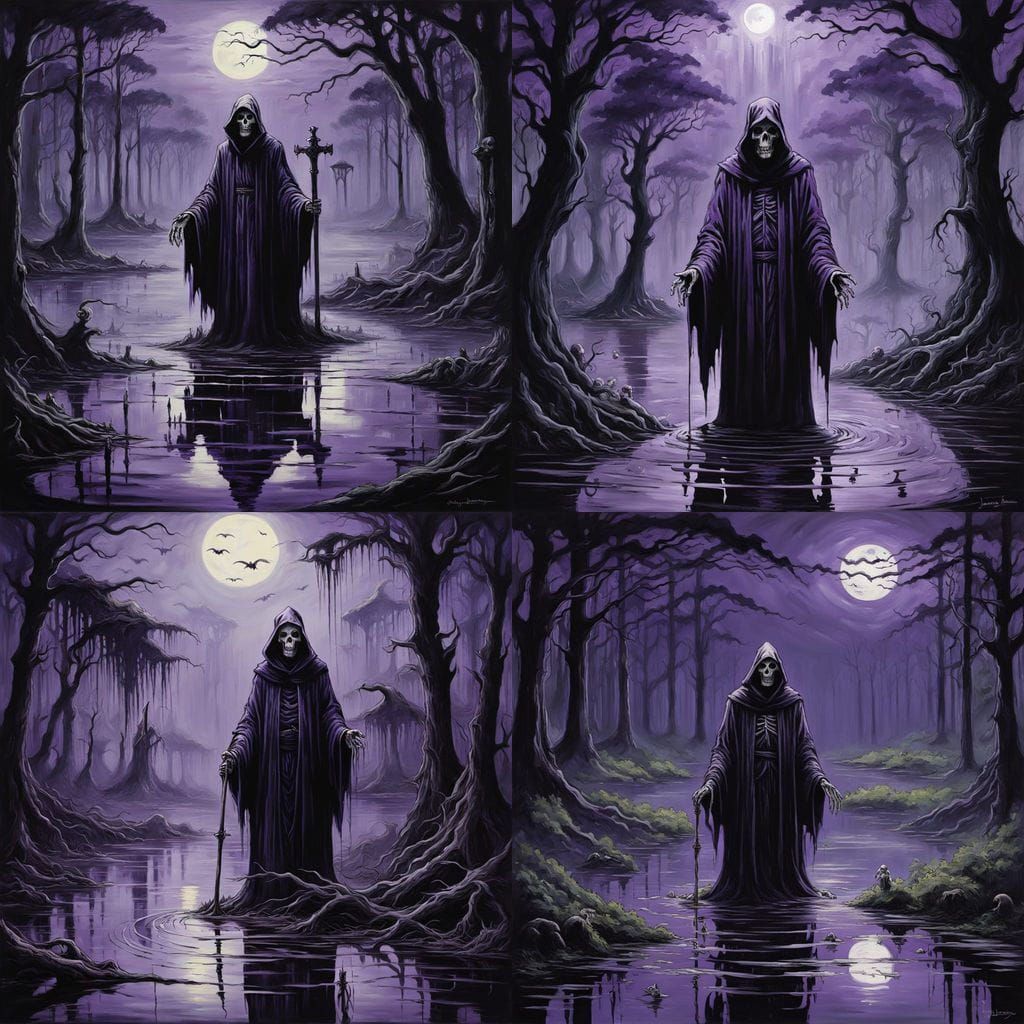 Surreal Grim Reapers in Dark, Creepy Oil Painting