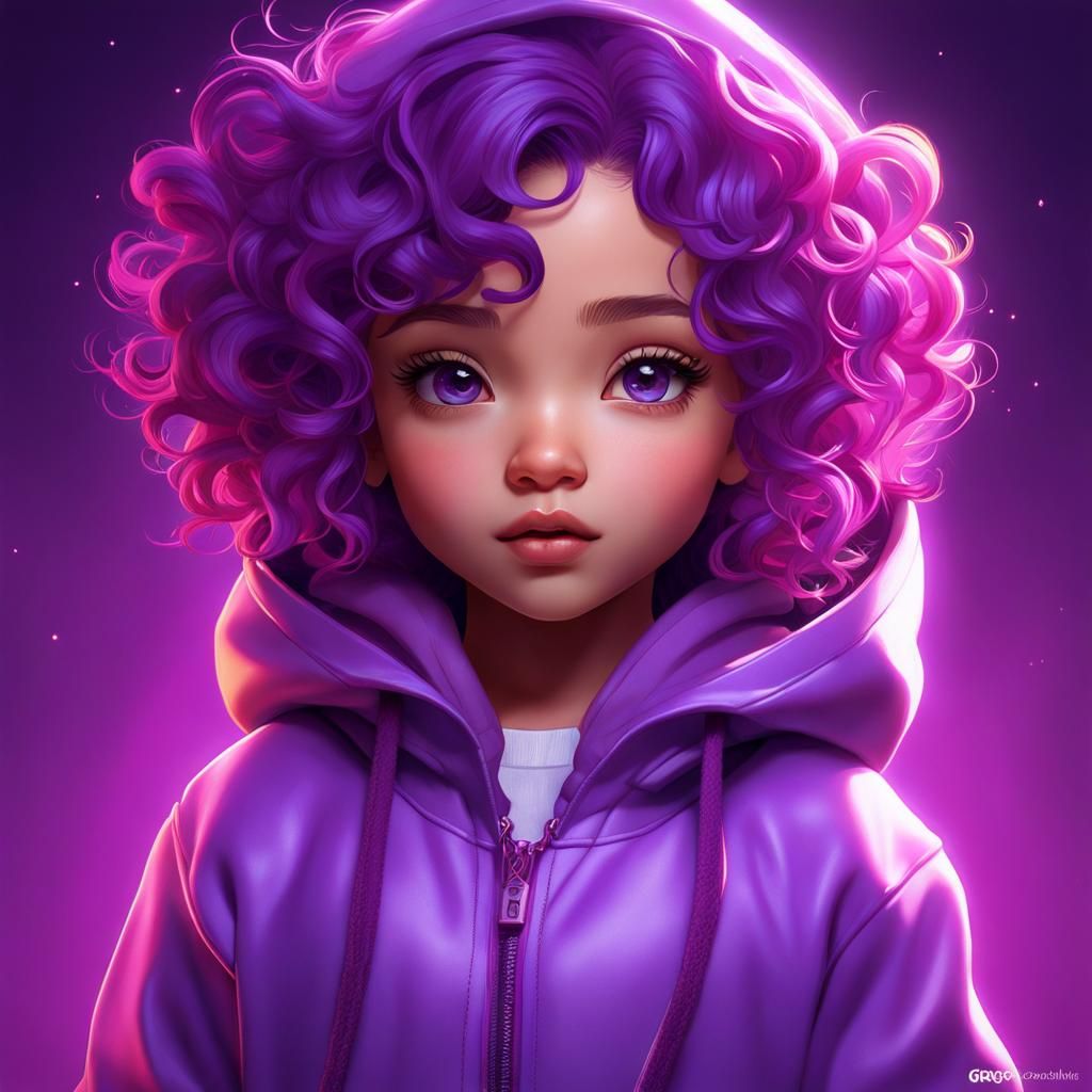 Chibi Girl Portrait with Purple Accents, Hyperdetailed Art