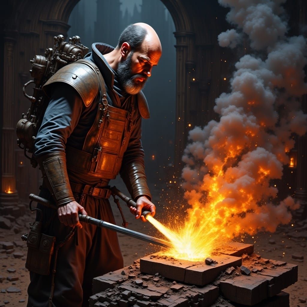 Blacksmith Forging Sword with Molten Metal Sparks