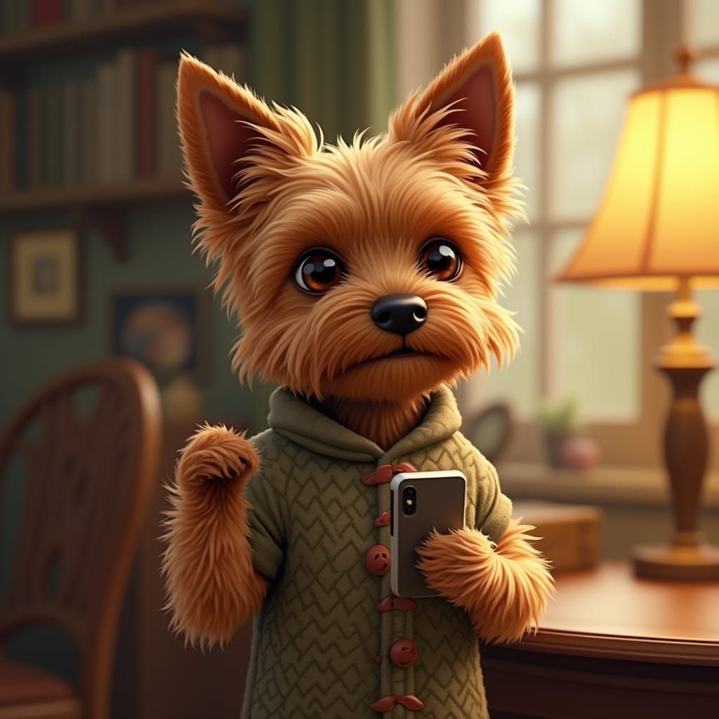 Yorkie Holding iPhone in Cozy Study, Painterly Style