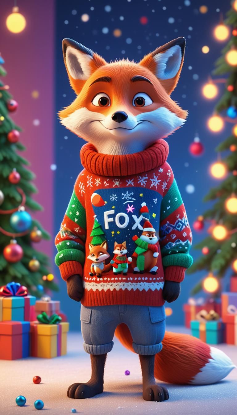 Fox Watching Christmas Movie: Pixar-Style 3D Art