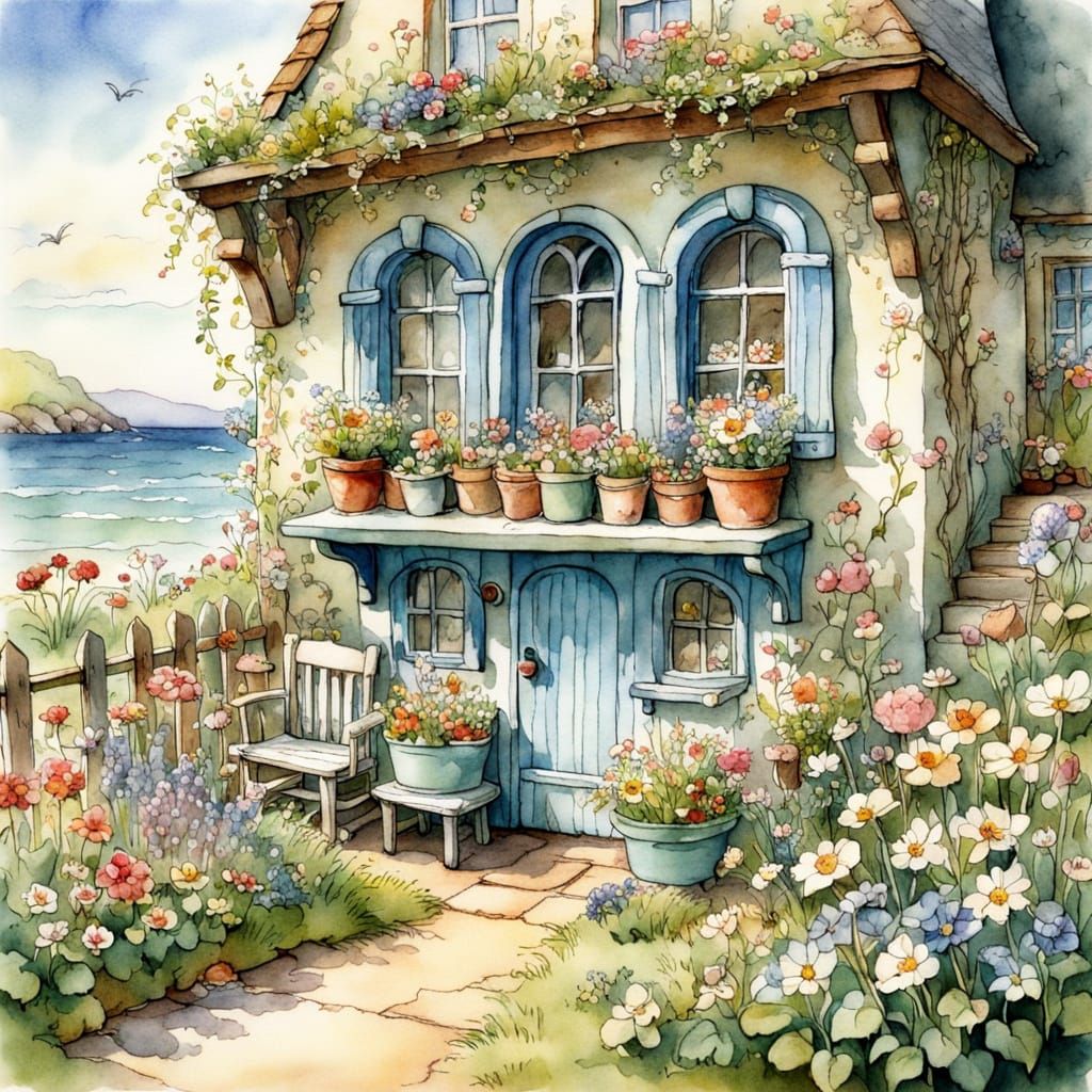 Whimsical Seaside Garden in Watercolour Style