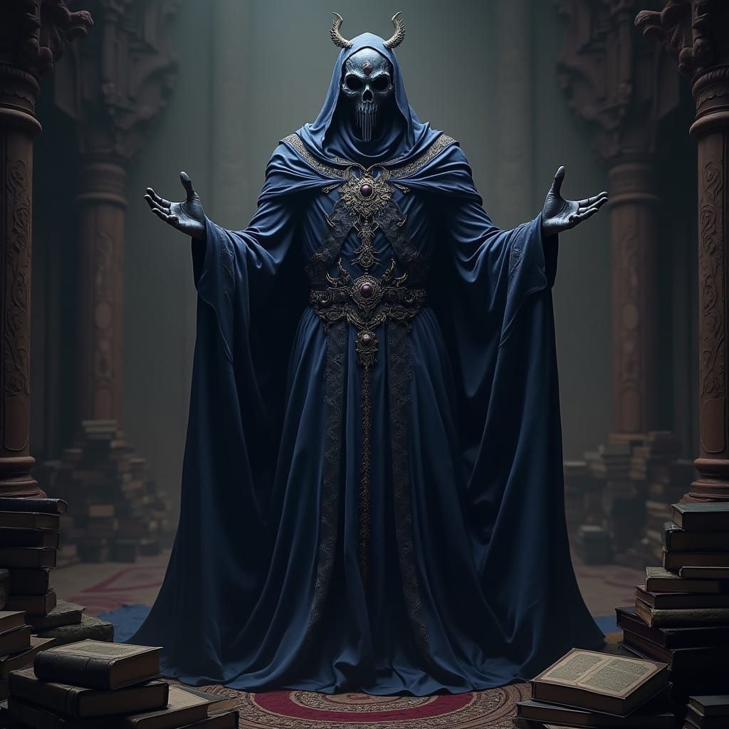 Regal Figure in Dark Indigo Robes Amidst Ancient Tomes