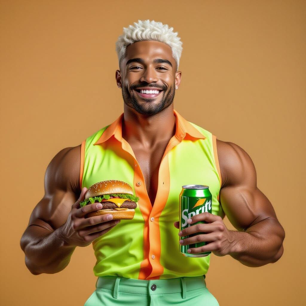 Muscular Man Smiles Holding Hamburger and Sprite Can