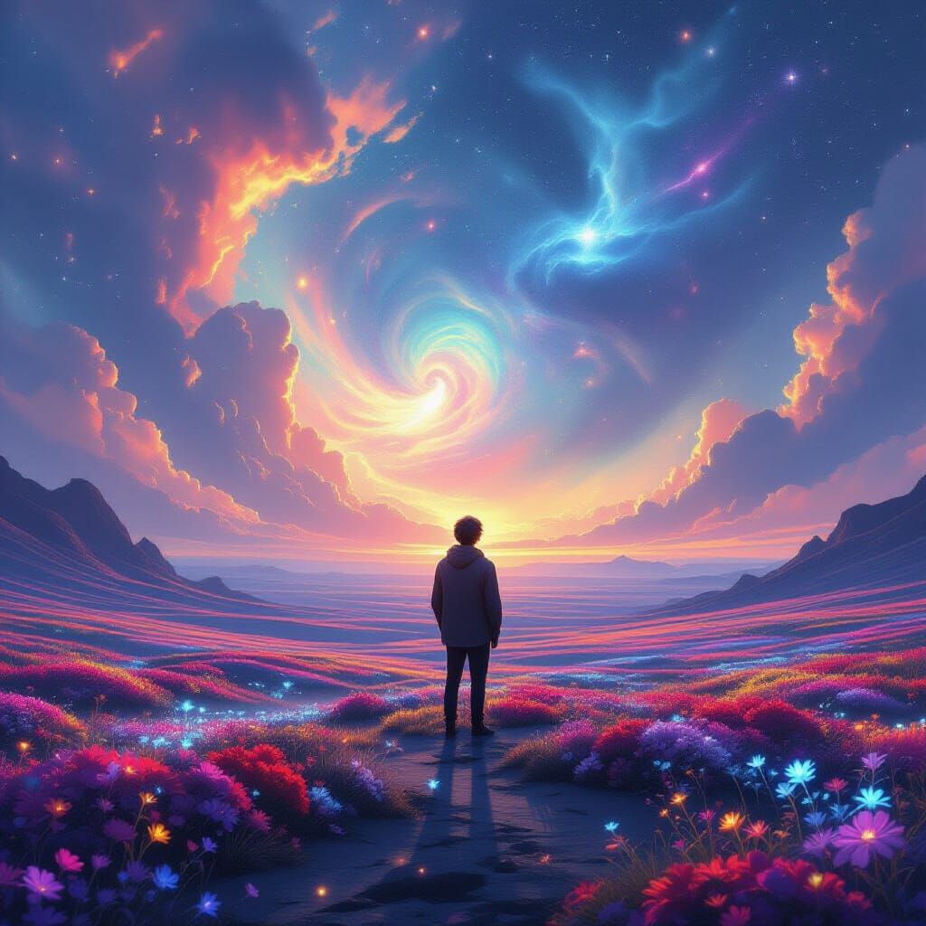 Dreamlike Landscape with Nebulae and Glowing Flora