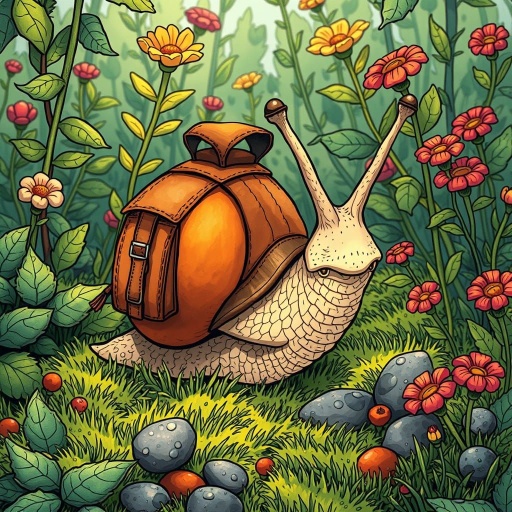 Cartoon Snail Exploring Garden, in Comic Book Style