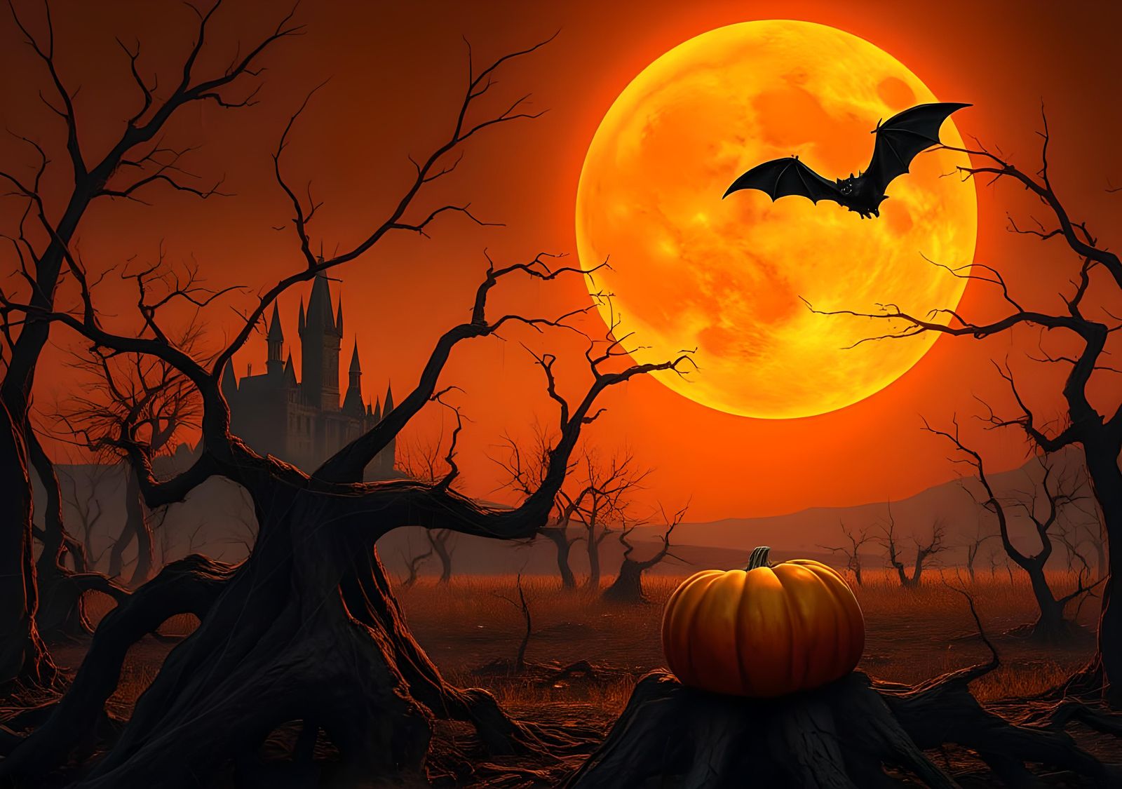 Halloween Night: Pumpkin, Bat, and Spooky Castle
