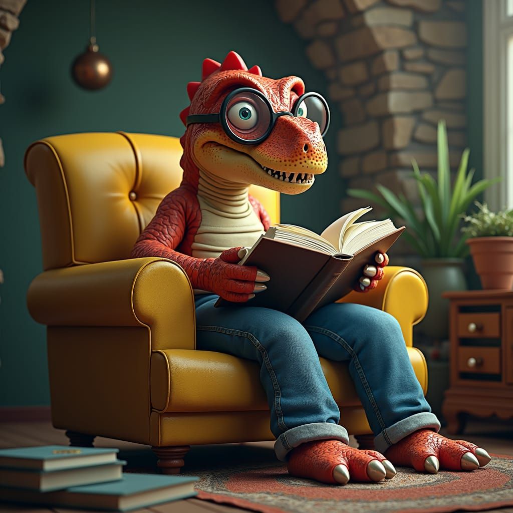 Dinosaur Welder Reads Book in Cave Home