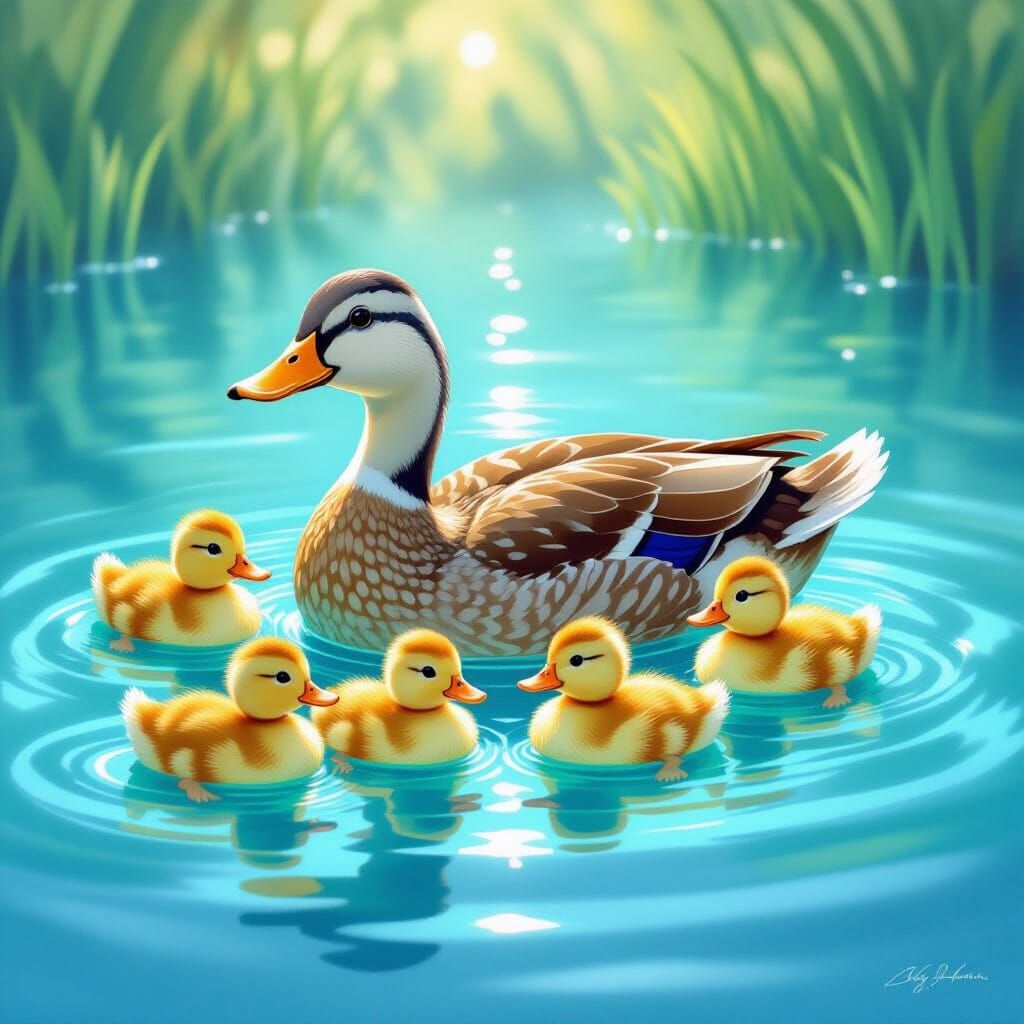 Duck Family in Whimsical Wildlife Art Style