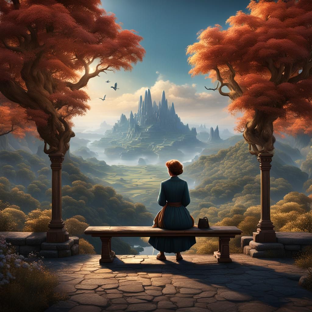 Helen Keller on Hilltop Bench: Detailed Matte Painting