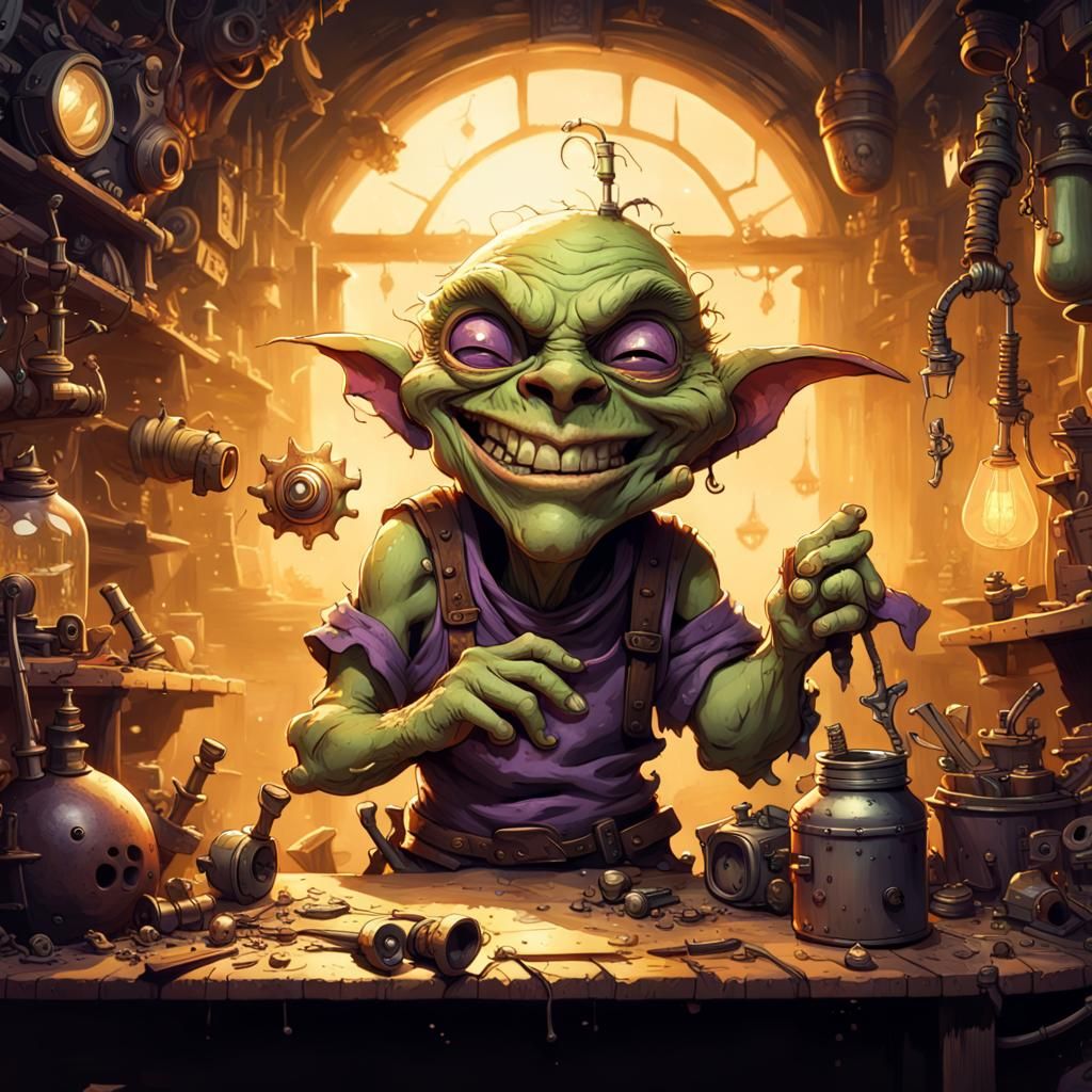 Mischievous Goblin in Workshop: Dark Fantasy Concept Art