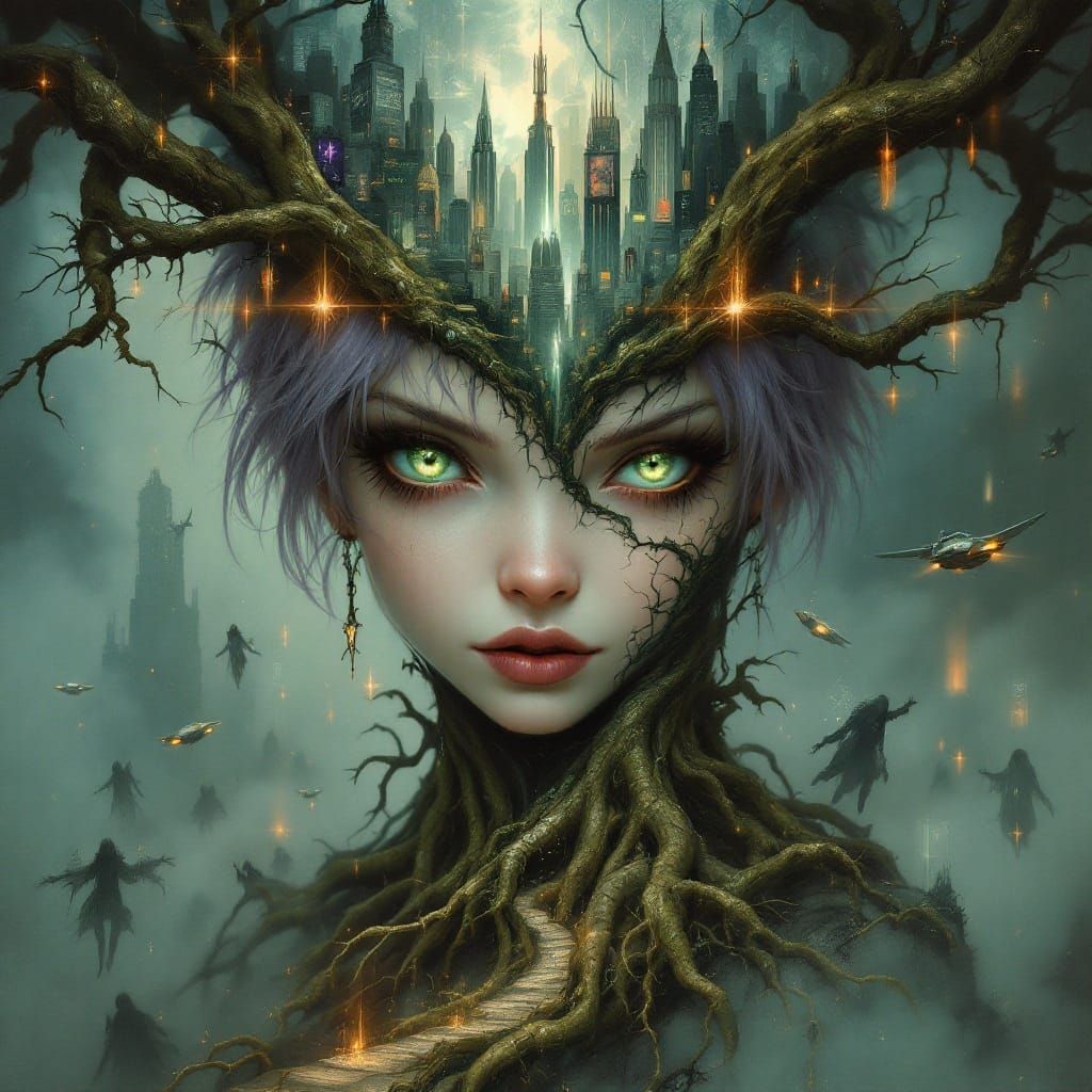 Gothic Fairy's Face Blends with Cyberpunk Metropolis in Haun...