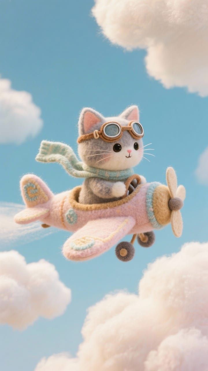 Felt Cat Pilot Soaring Through Pastel Skies