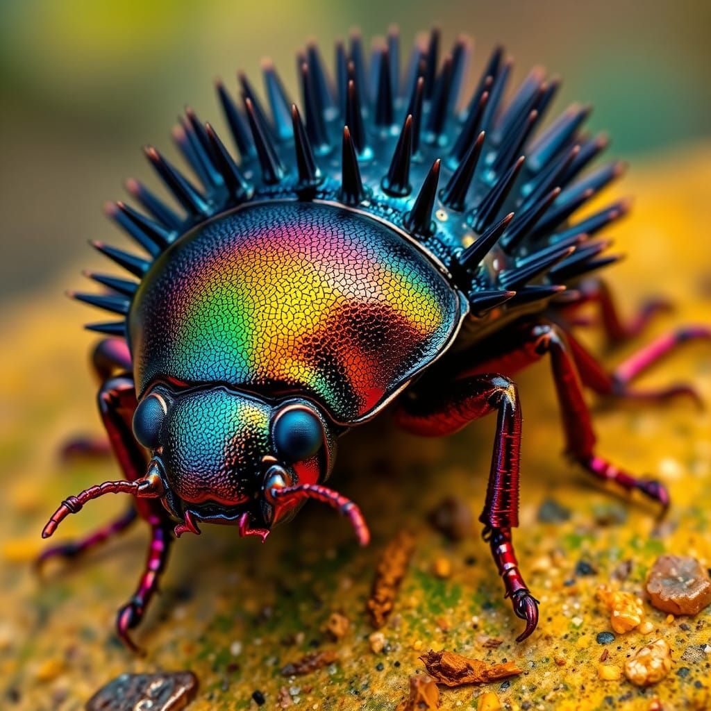 Vibrant Beetle with Hedgehog-Like Spines in Whimsical Hyper-...