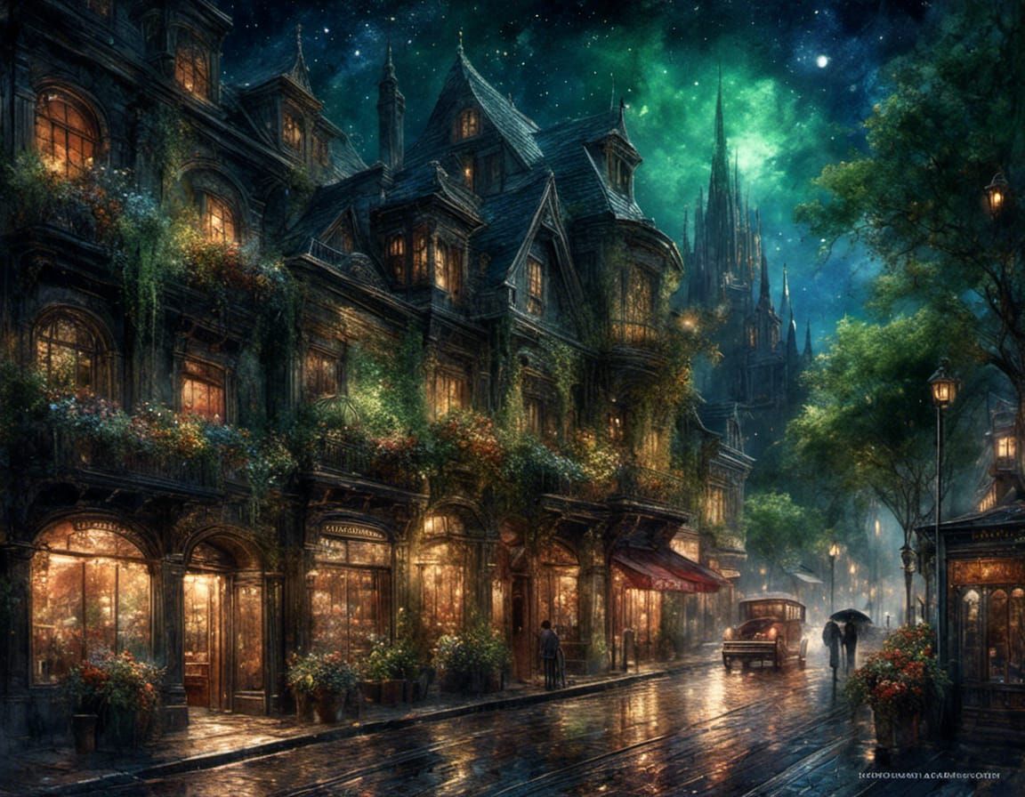 Watercolor Midnight Street with Galactic Architecture