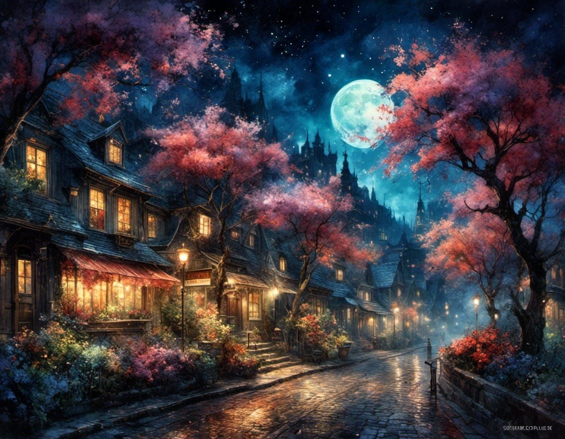 Midnight Street: A Watercolor Gouache Painting