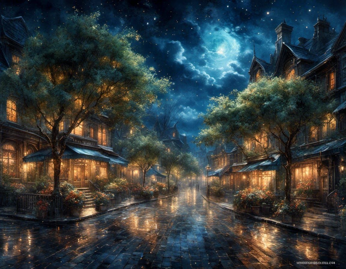 Impressionist Watercolor of Midnight Street With Summer Tree...