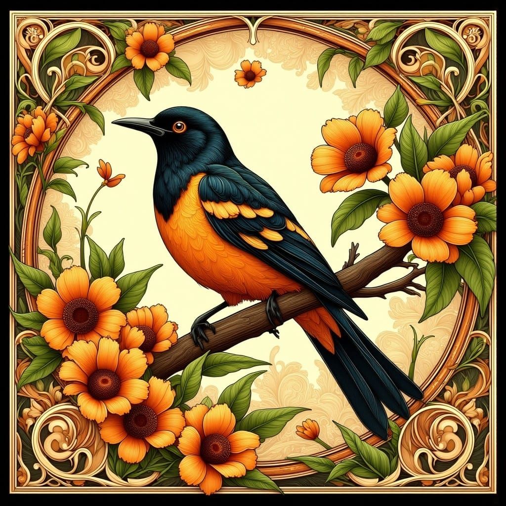 Neo Art Nouveau Baltimore Oriole in Vibrant Bloom