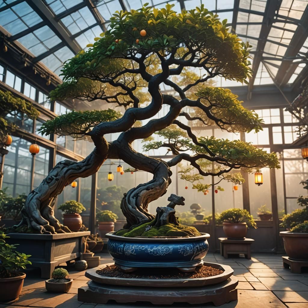 400-Year-Old Bonsai with Lanterns, Fantasy Concept Art