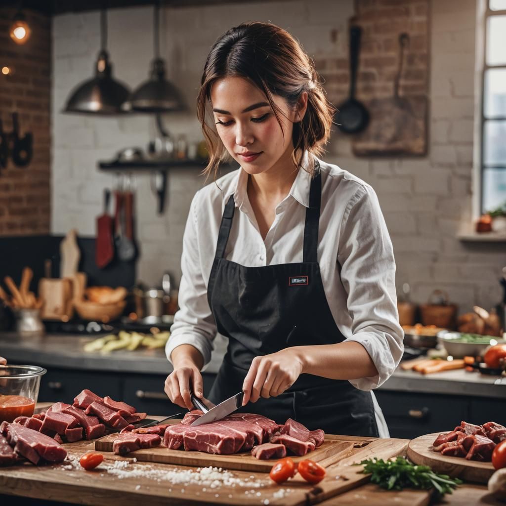 Woman Cutting Meat: Professional Photography Style