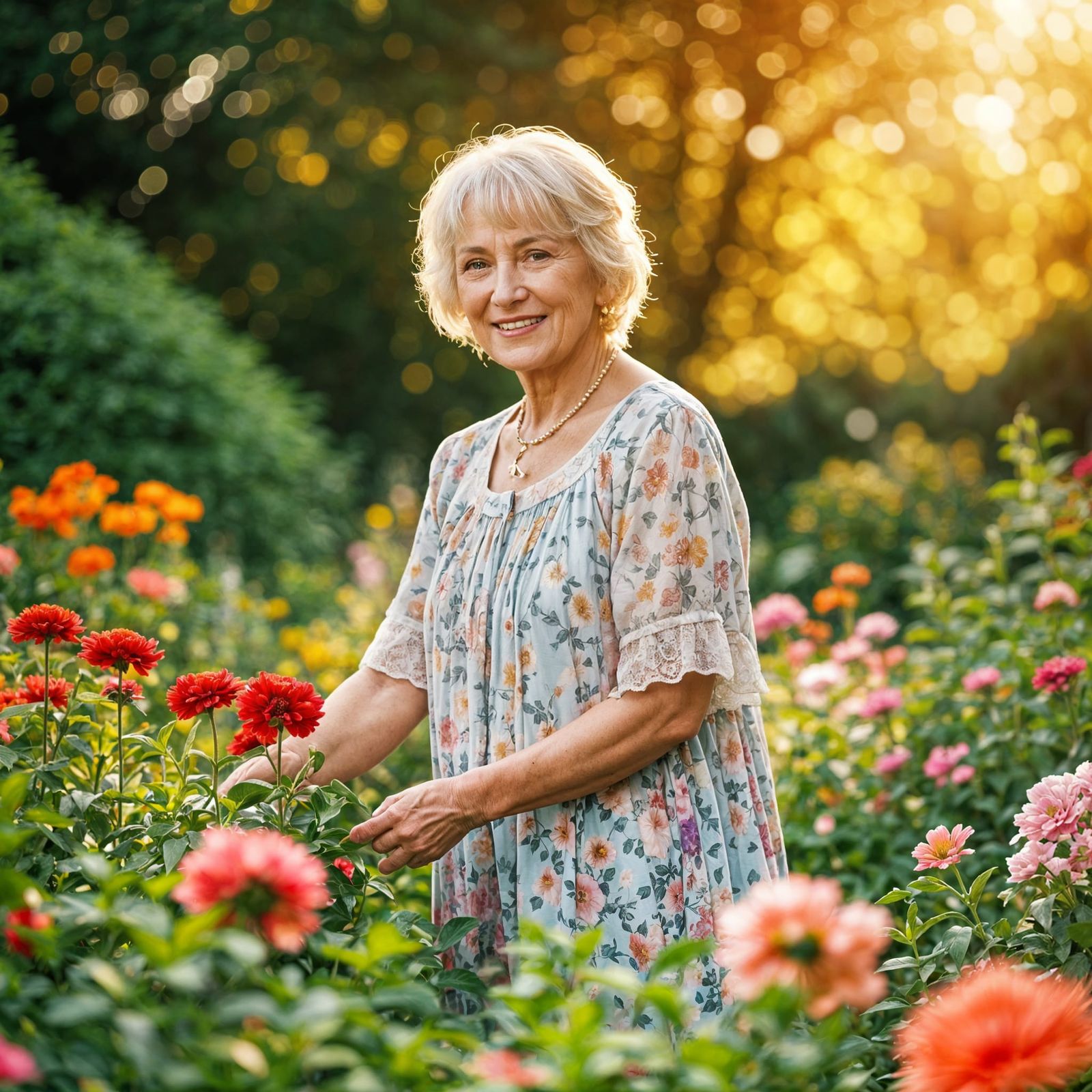 Elderly Woman Gardening at Golden Hour