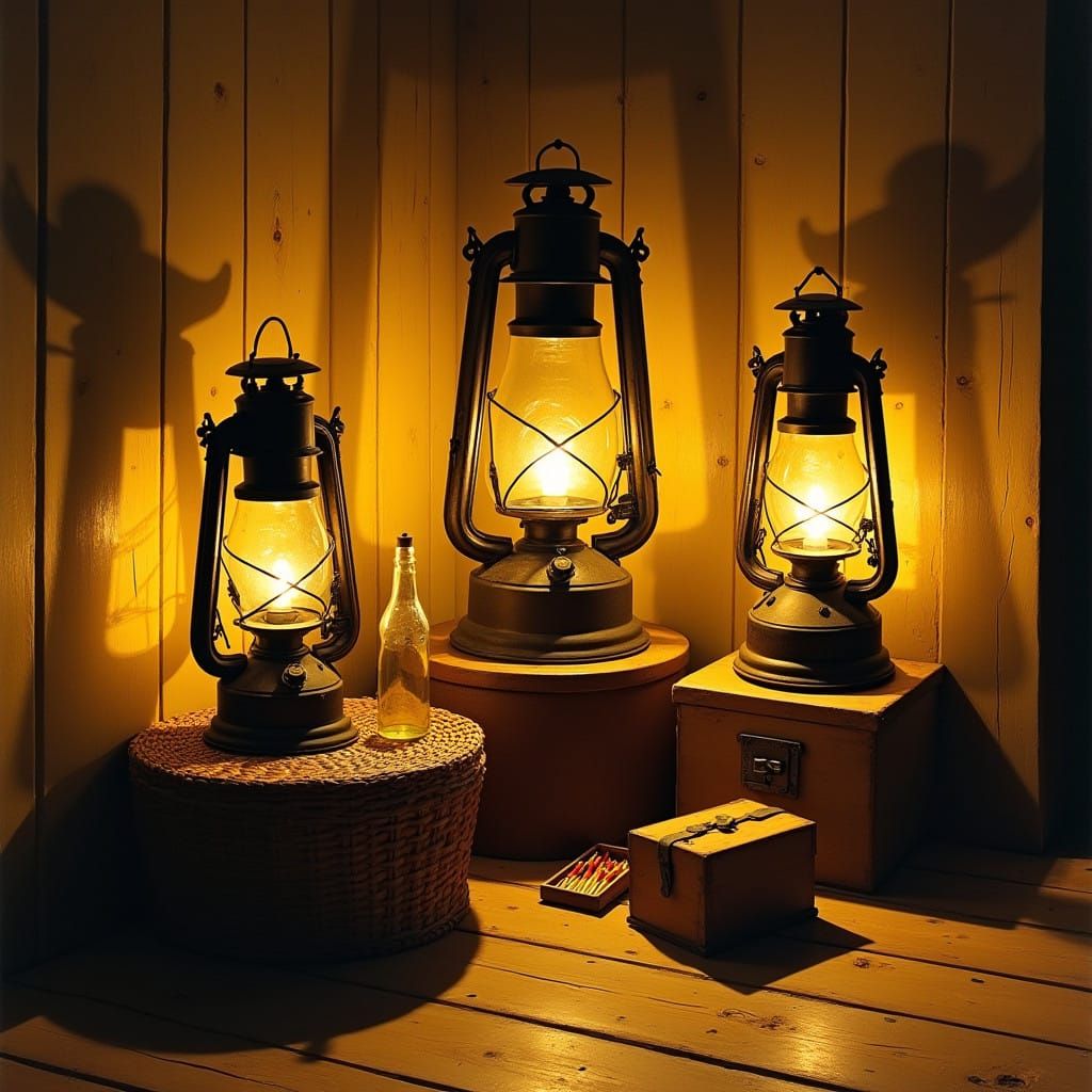 Warm Golden Light from Antique Kerosene Lamps in Rustic Sett...