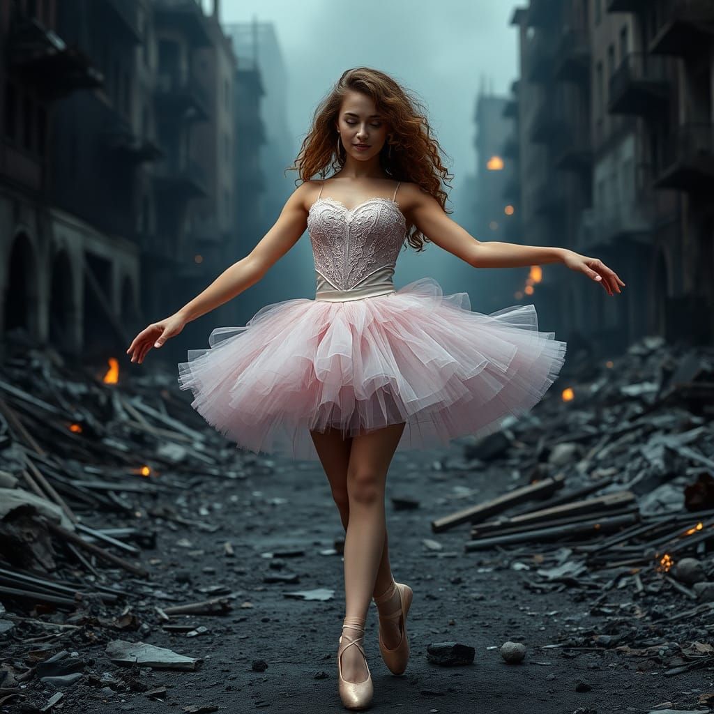 Ballerina Dances in War-Torn City with Cinematic Lighting