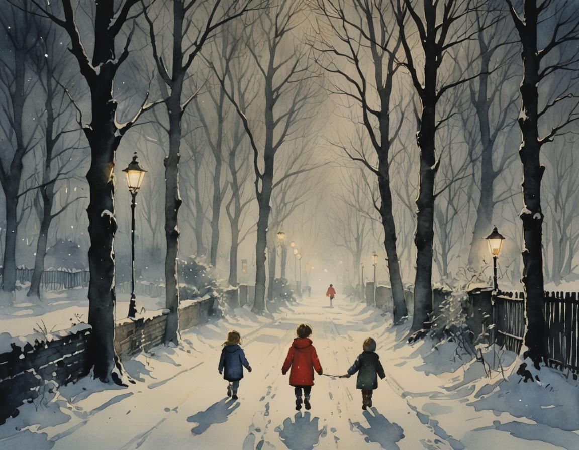 Child Walks in Blizzard: Fairytale Watercolour Illustration