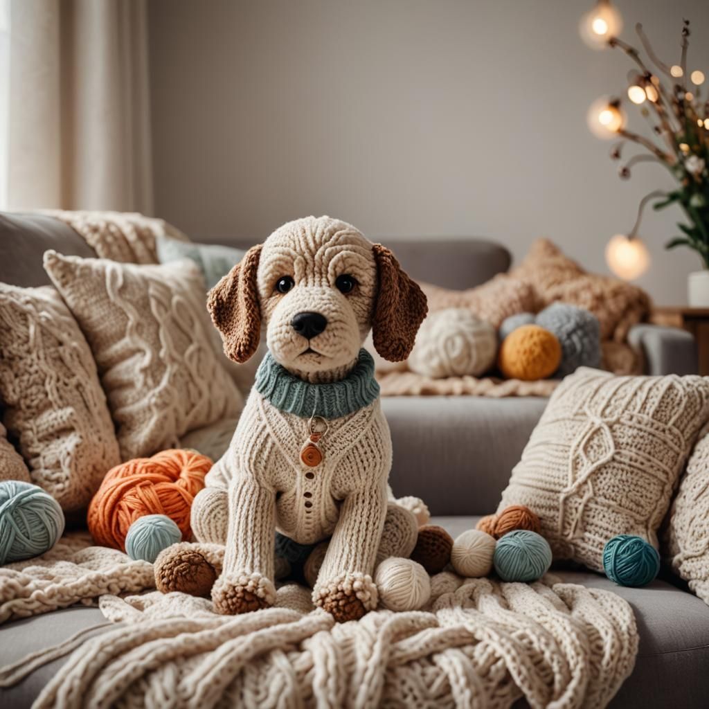 Cozy Home Interior with Knitted Toys and Dog
