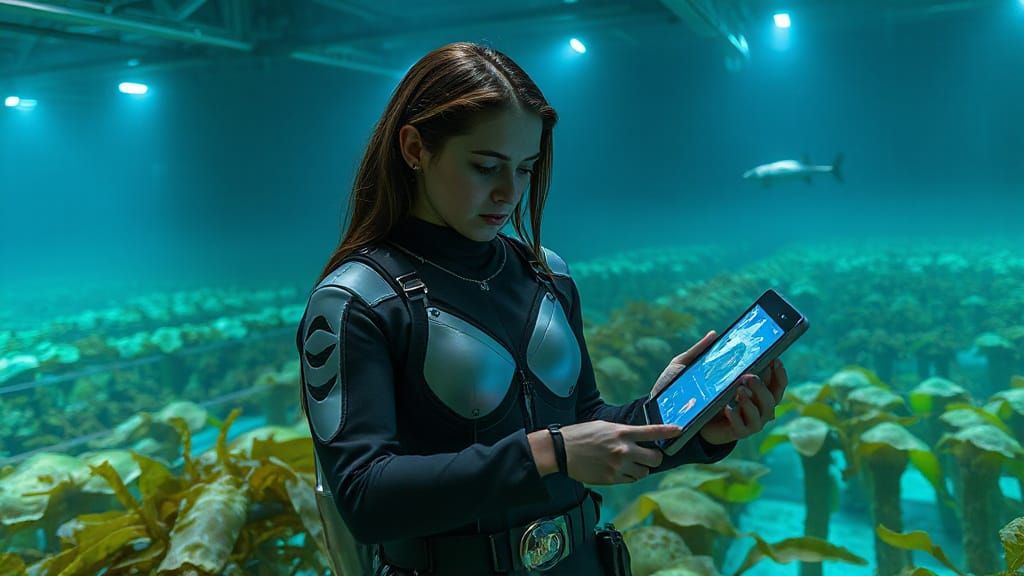 Aquaponic Farmer Aria in Underwater City: Syd Mead Style