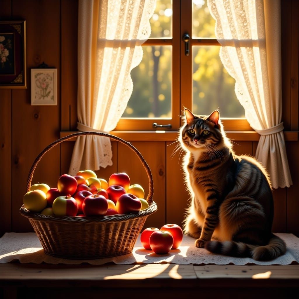 Cozy Rustic Kitchen Still Life with Cat