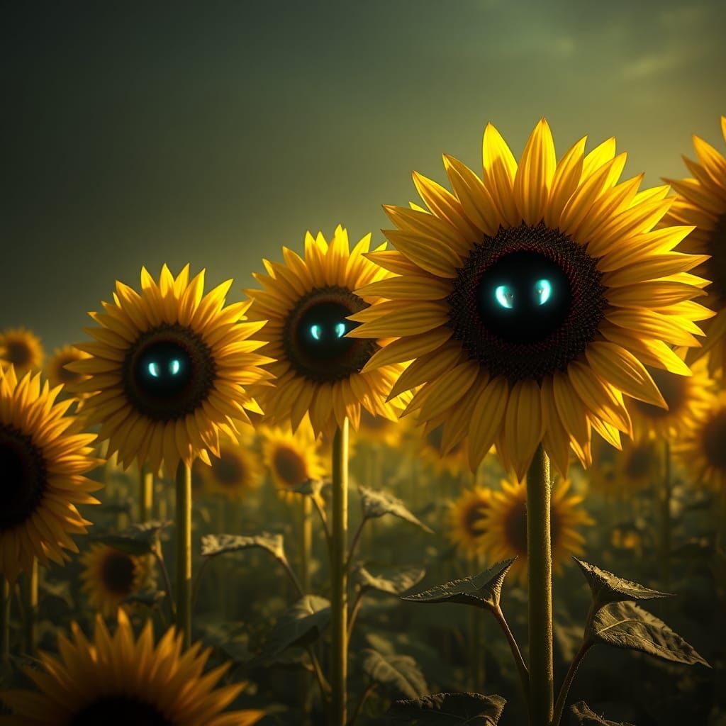 Ethereal-Eyed Sunflowers in Surrealist Landscape