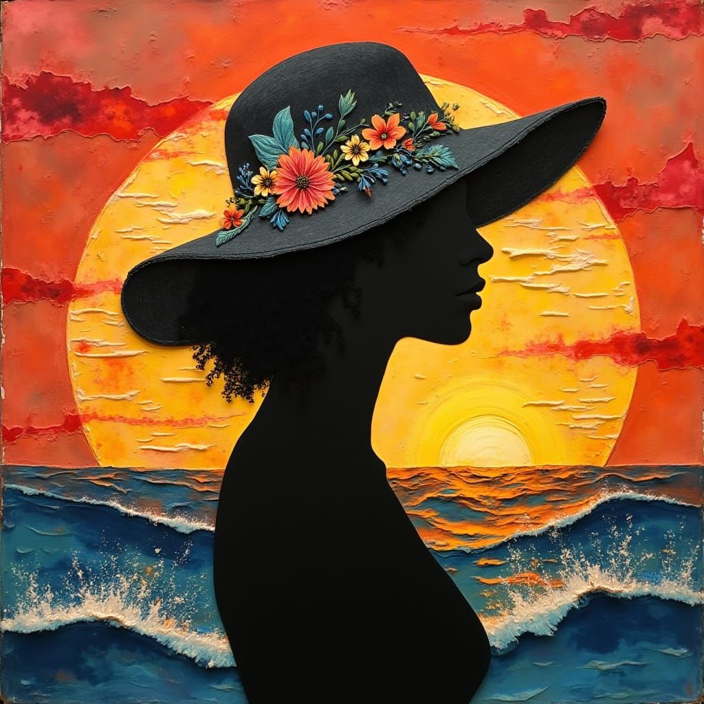 Woman in Sunset Silhouette with Floral Accents