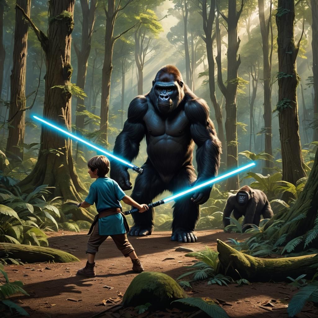 Boy and Gorilla Play Tag in Forest, Fantasy Art